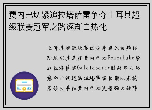 费内巴切紧追拉塔萨雷争夺土耳其超级联赛冠军之路逐渐白热化 费内巴切紧追拉塔萨雷争夺土耳其超级联赛冠军之路逐渐白热化