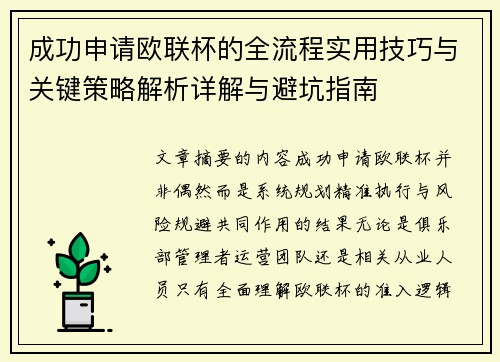 成功申请欧联杯的全流程实用技巧与关键策略解析详解与避坑指南